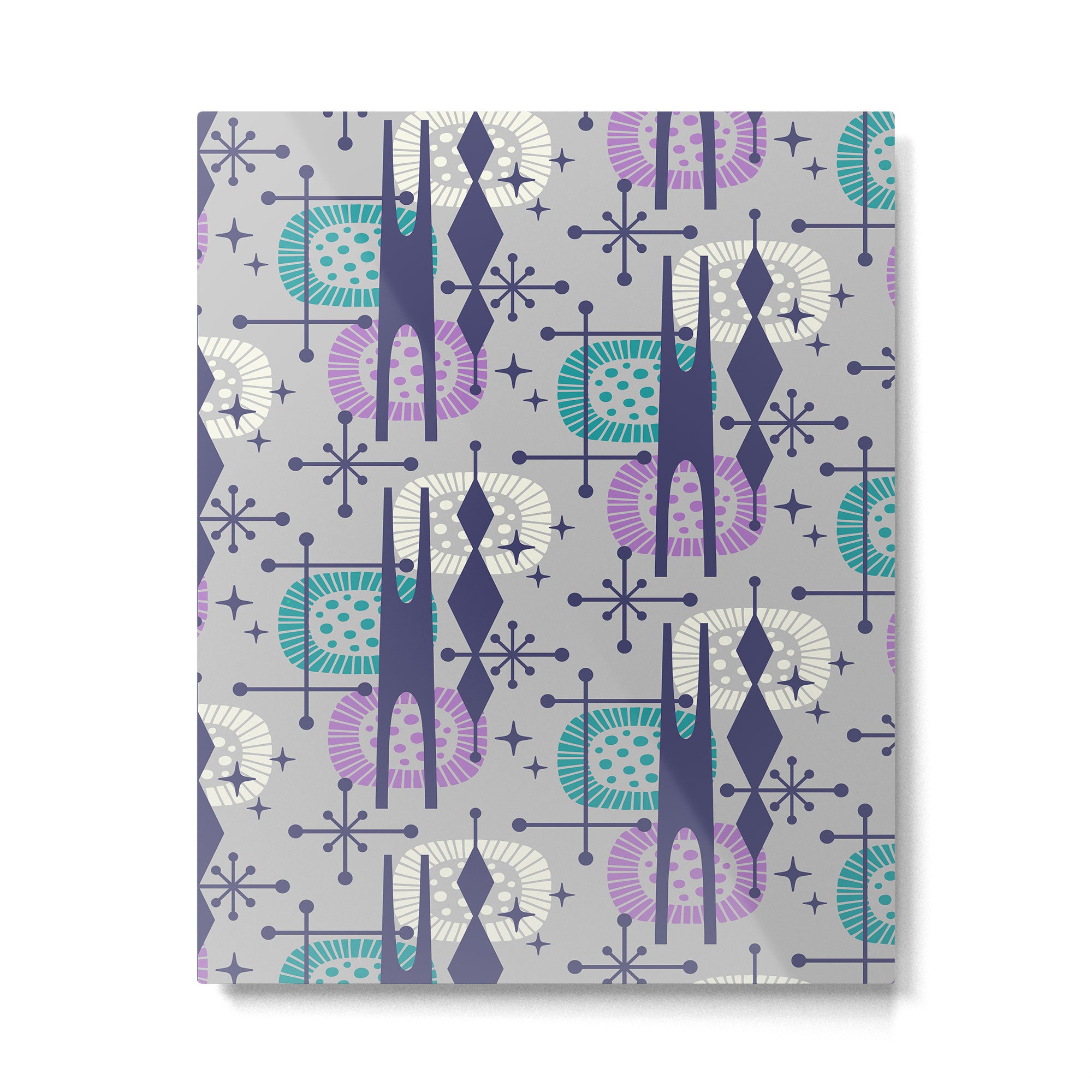 Retro Atomic Mid Century Pattern Grey Teal Blue and Lavender Metal Print Gallery Image 6