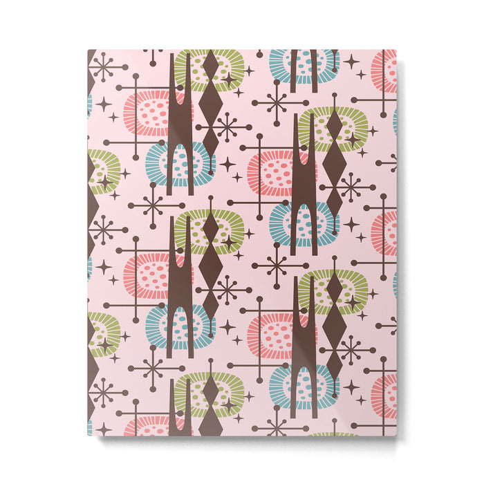 Retro Atomic Mid Century Pattern Pink Green Blue and Brown Metal Print Gallery Image 1