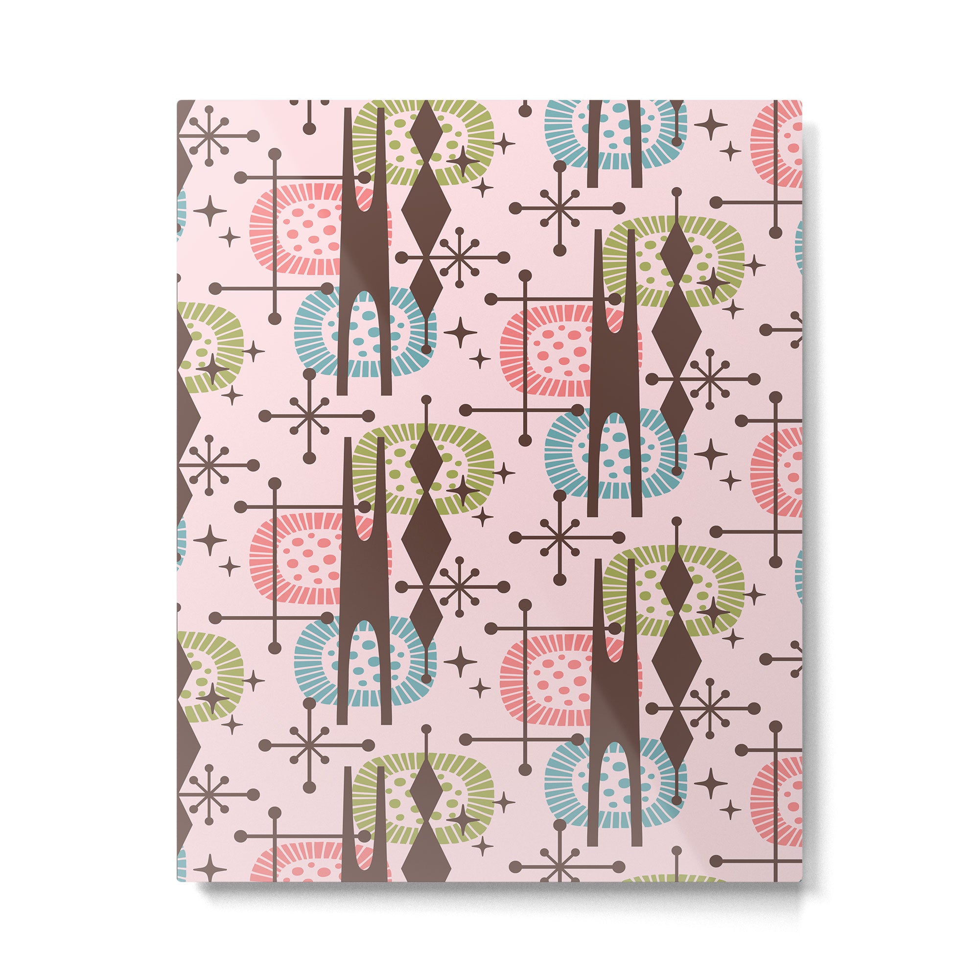 Retro Atomic Mid Century Pattern Pink Green Blue and Brown Metal Print Gallery Image 6