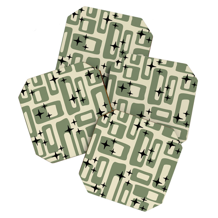 Retro Mid Century Modern Abstract Pattern 352 Black Sage Green and Beige Coaster Gallery Image 1