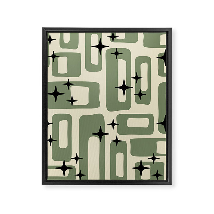 Retro Mid Century Modern Abstract Pattern 352 Black Sage Green and Beige Framed Canvas Print Gallery Image 1