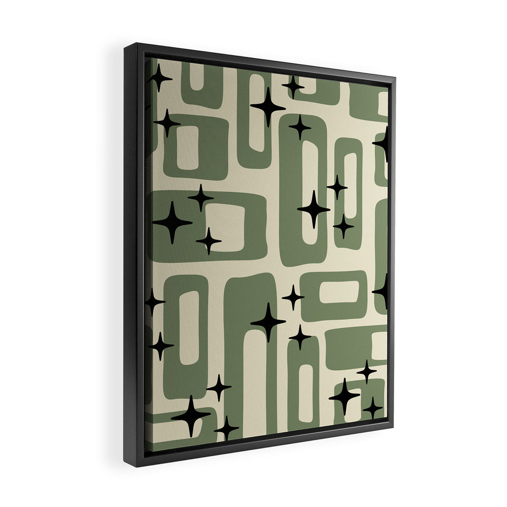 Retro Mid Century Modern Abstract Pattern 352 Black Sage Green and Beige Framed Canvas Print Gallery Image 2