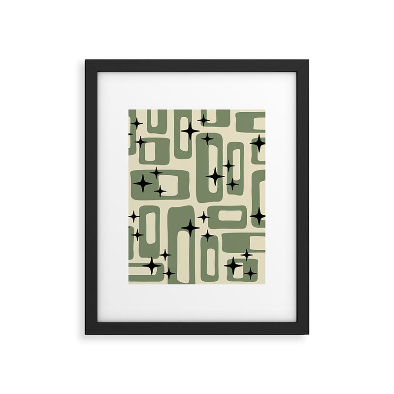 Retro Mid Century Modern Abstract Pattern 352 Black Sage Green and Beige Framed Art Print Gallery Image 6
