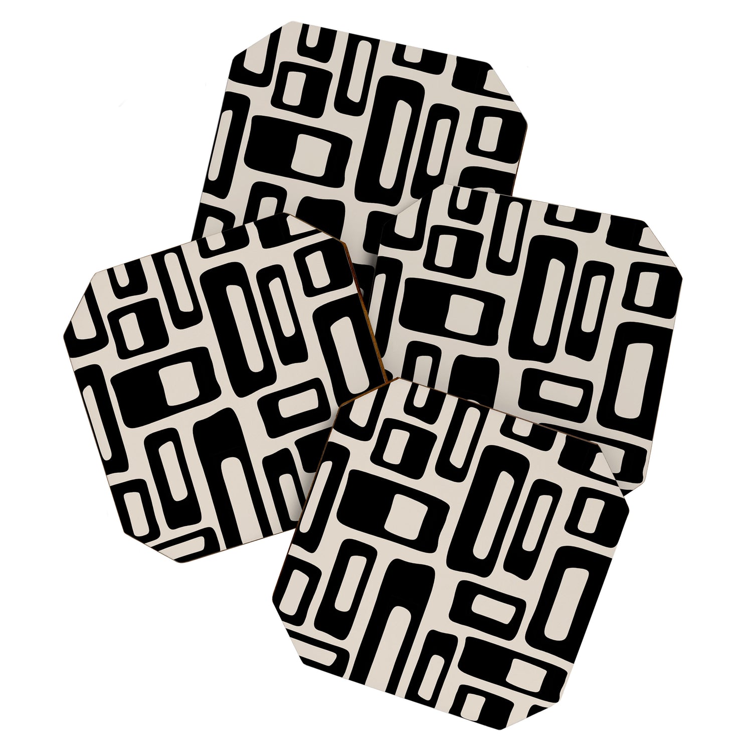 Retro Mid Century Modern Abstract Pattern 735 Black and Linen White Coaster Gallery Image 1
