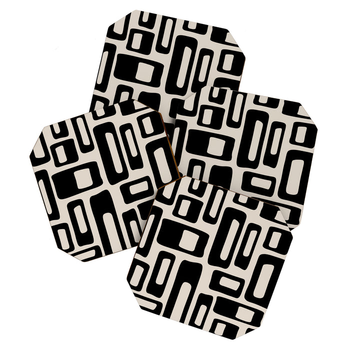 Retro Mid Century Modern Abstract Pattern 735 Black and Linen White Coaster Gallery Image 1