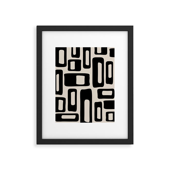 Retro Mid Century Modern Abstract Pattern 735 Black and Linen White Framed Art Print Gallery Image 1