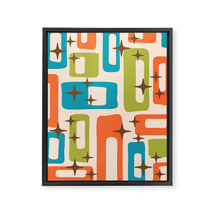 Retro Mid Century Modern Abstract Pattern 921 Googie Orange Chartreuse Turquoise Framed Canvas Print Gallery Image 1