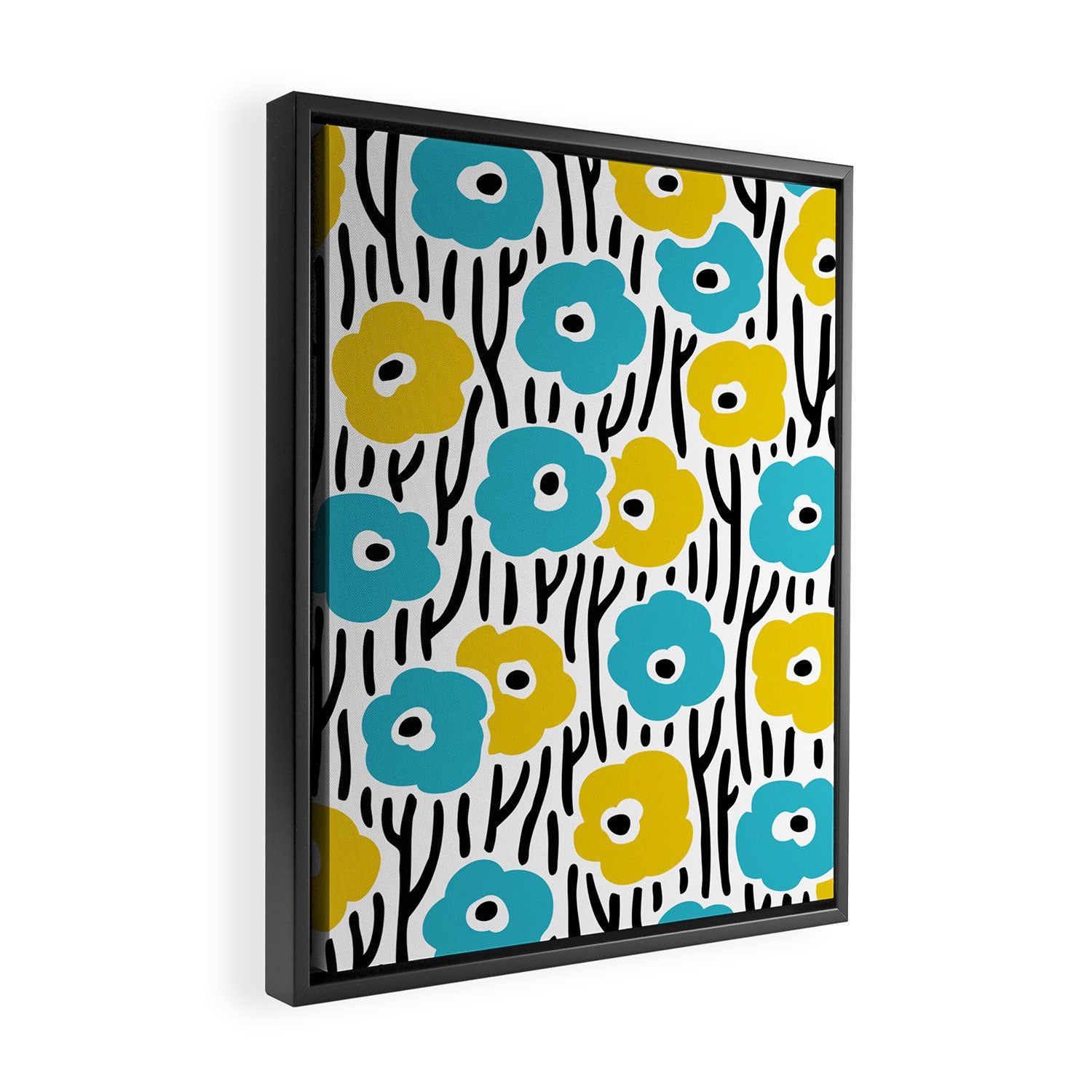 Wild Flowers Pattern Turquoise and Yellow Framed Canvas Print Gallery Image 2