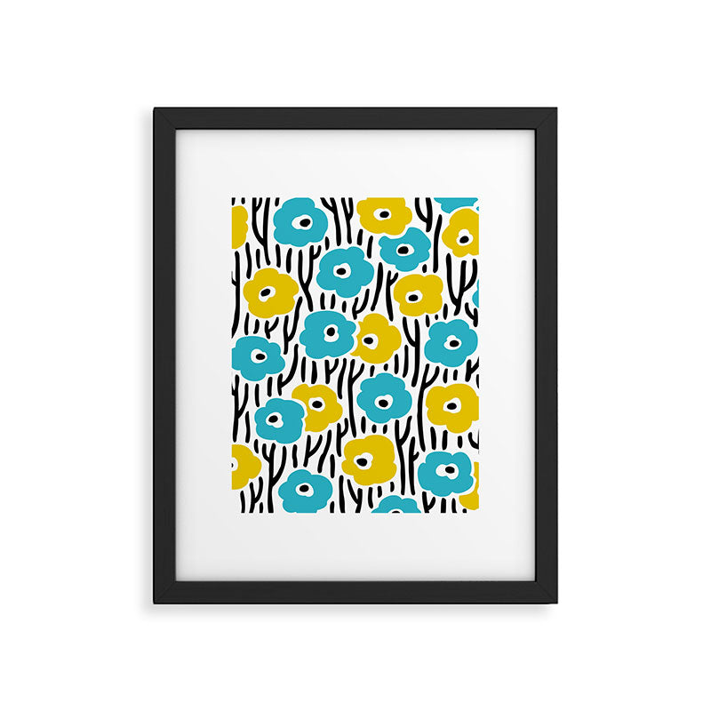 Wild Flowers Pattern Turquoise and Yellow Framed Art Print Gallery Image 6