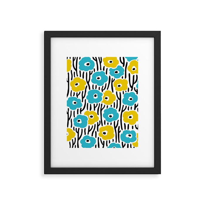 Wild Flowers Pattern Turquoise and Yellow Framed Art Print Gallery Image 1