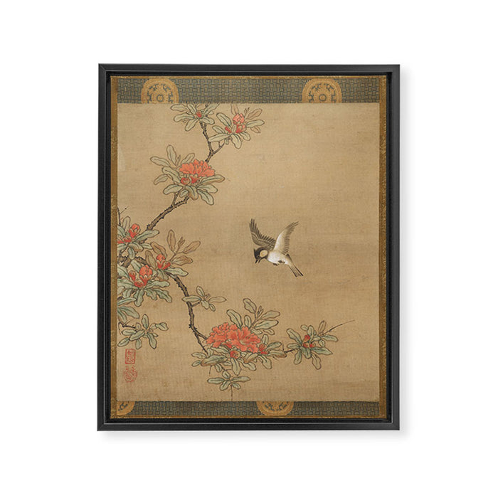 16th Century Japanese Bird and Peony Edo Era Painting Framed Canvas Print Gallery Image 1