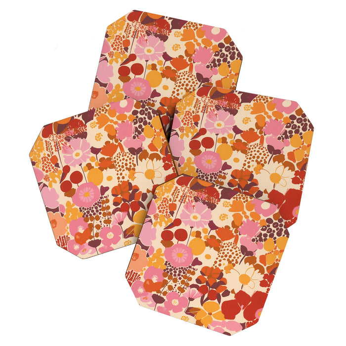 Bold Retro Bloom Collage in Sunset Tones Maximalist Floral Pattern Coaster Gallery Image 1