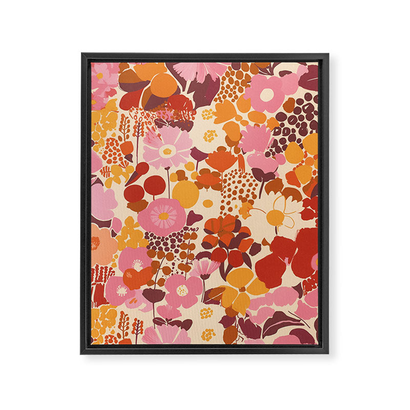 Bold Retro Bloom Collage in Sunset Tones Maximalist Floral Pattern Framed Canvas Print Gallery Image 6