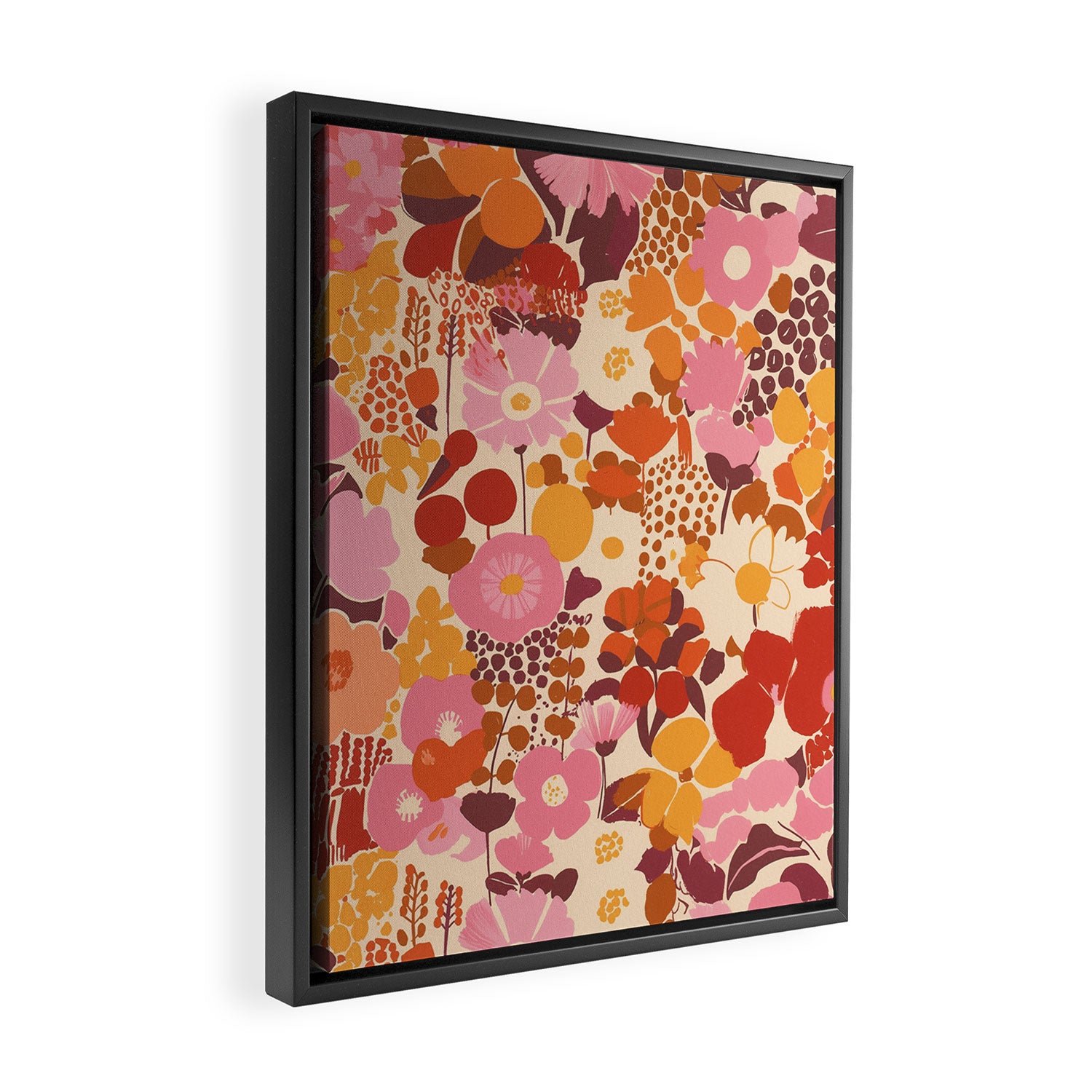 Bold Retro Bloom Collage in Sunset Tones Maximalist Floral Pattern Framed Canvas Print Gallery Image 2