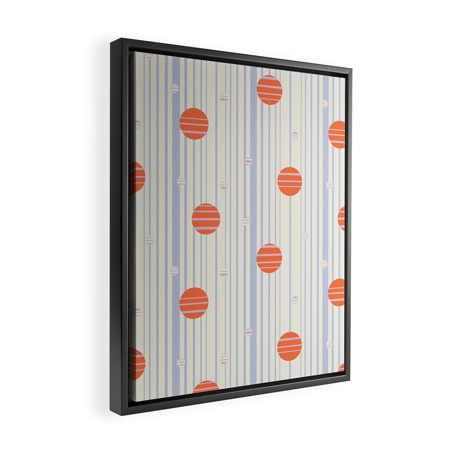 Dots and Vertical Stripes in Orange and Lavender - Playful Geometrics Framed Canvas Print Gallery Image 2