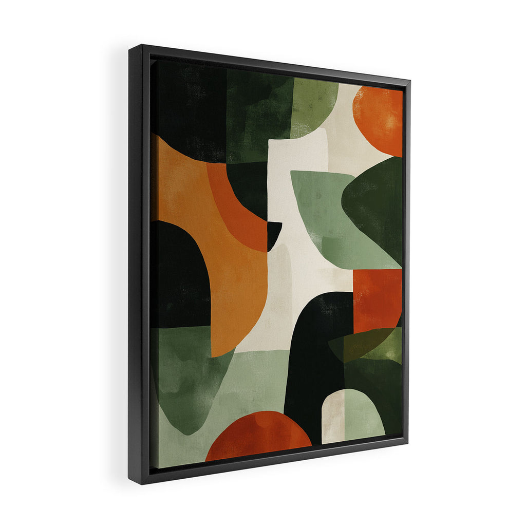 Earthy Mid-Century Abstract Composition in Olive, Rust, and Charcoal Tones Framed Canvas Print Gallery Image 2