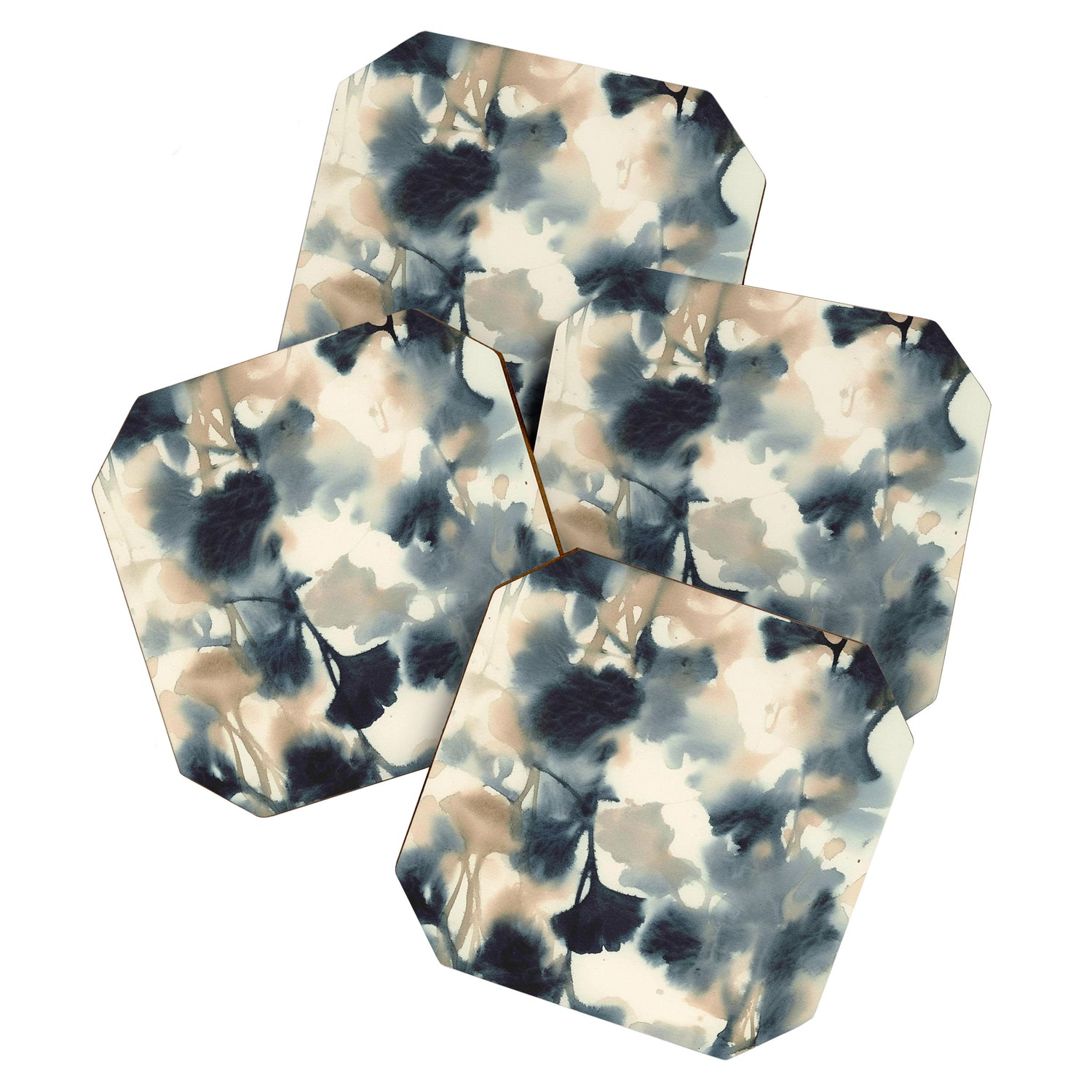 Ethereal Ink Flow Ginkgo Abstract Watercolor in Warm Neutrals and Deep Charcoal Coaster Gallery Image 1