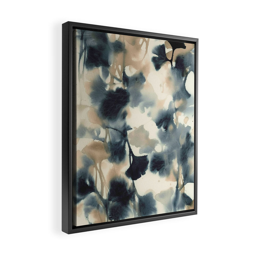 Ethereal Ink Flow Ginkgo Abstract Watercolor in Warm Neutrals and Deep Charcoal Framed Canvas Print Gallery Image 2
