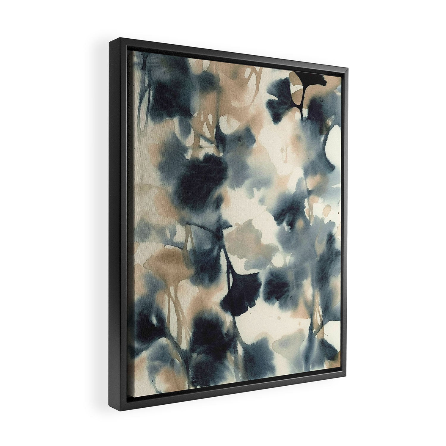 Ethereal Ink Flow Ginkgo Abstract Watercolor in Warm Neutrals and Deep Charcoal Framed Canvas Print Gallery Image 2