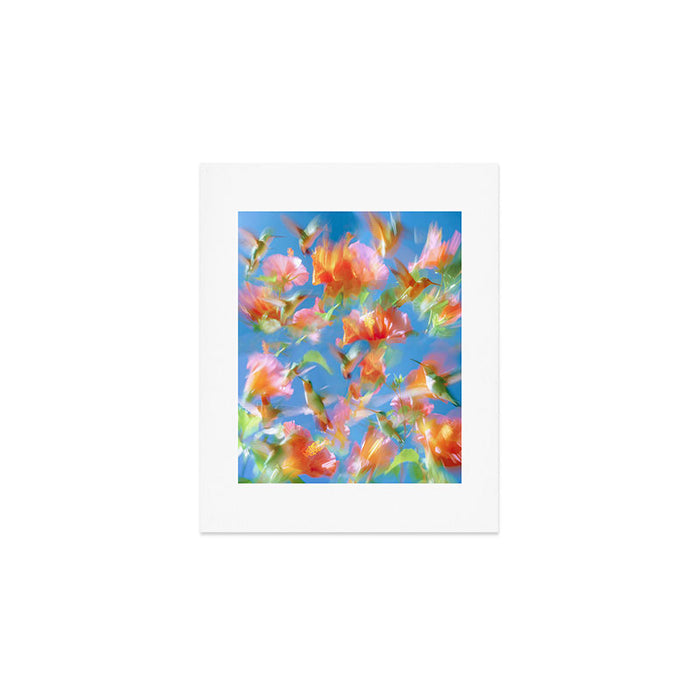 Hummingbird Bloom Blurred Hibiscus Flowers in Sky Blue Art Print Gallery Image 1