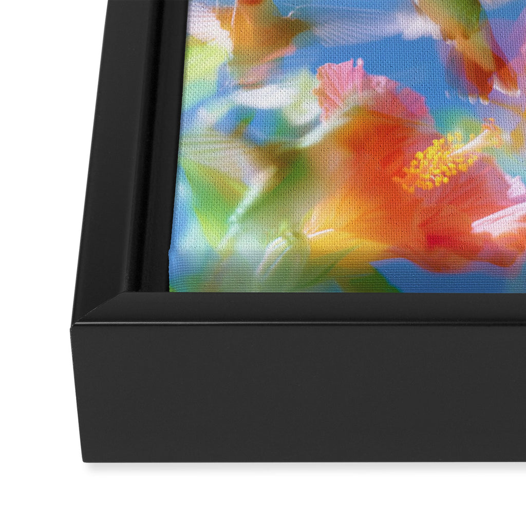 Hummingbird Bloom Blurred Hibiscus Flowers in Sky Blue Framed Canvas Print Gallery Image 3