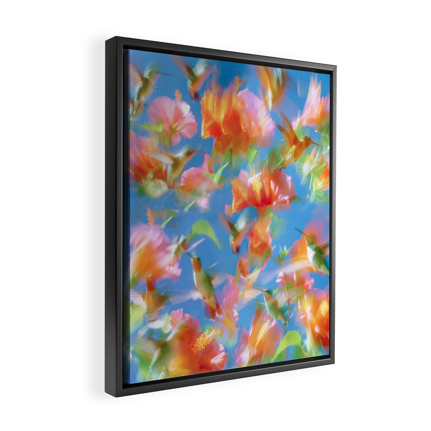 Hummingbird Bloom Blurred Hibiscus Flowers in Sky Blue Framed Canvas Print Gallery Image 2