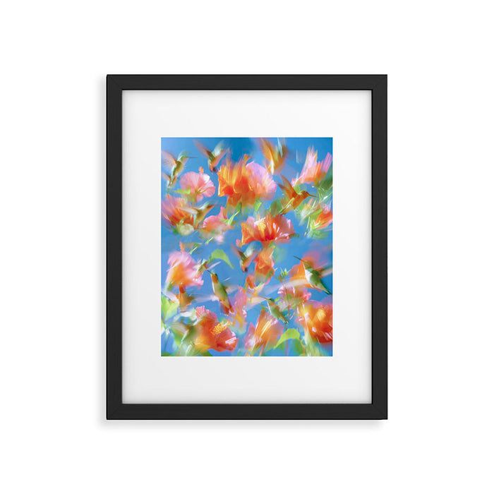 Hummingbird Bloom Blurred Hibiscus Flowers in Sky Blue Framed Art Print Gallery Image 1