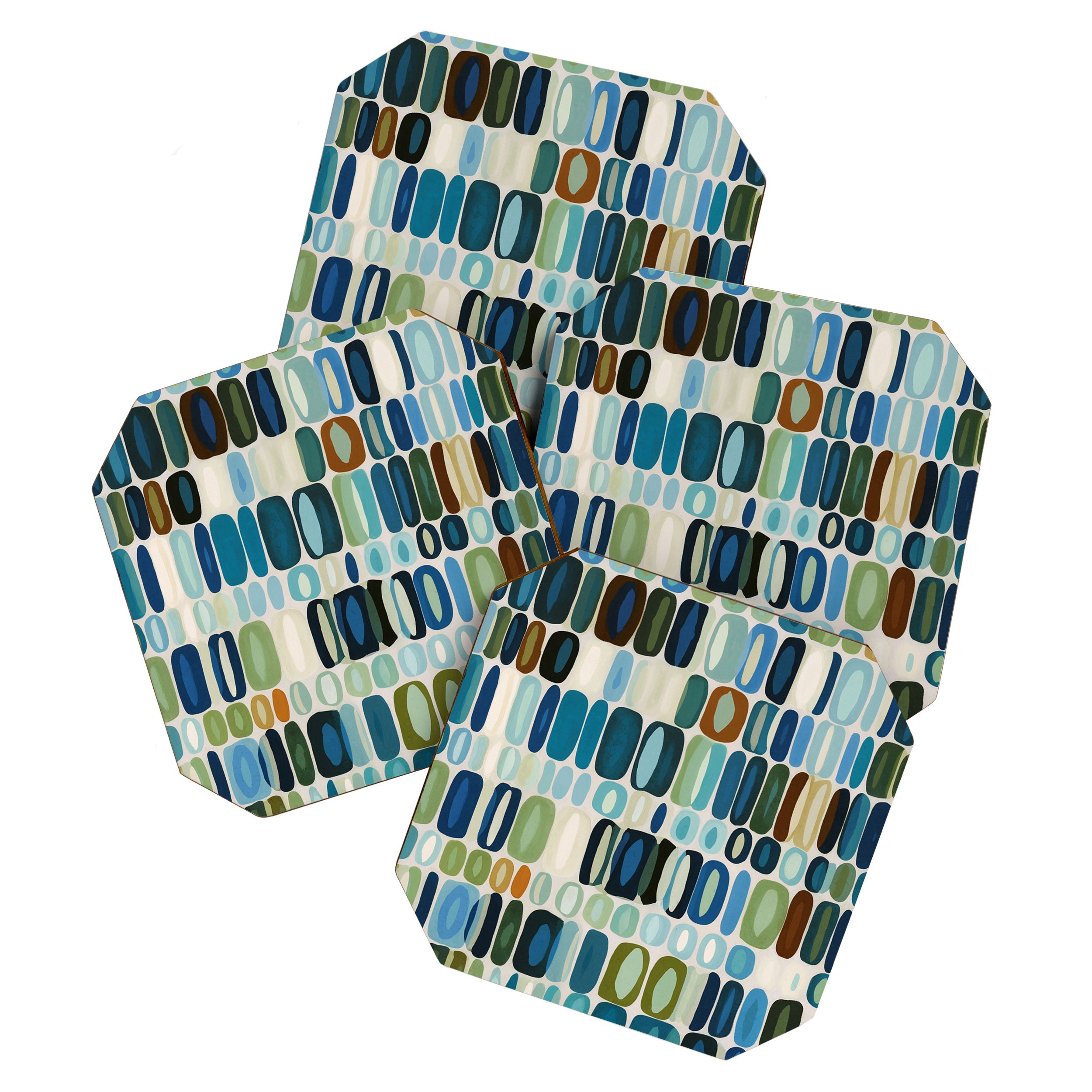Mid Century Organic Pebble Pattern in Blue and Sage Coaster Gallery Image 1