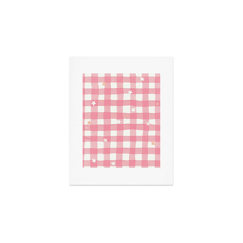 Pastel Pink Gingham with Stars Pattern Soft Aesthetic Grid Art Print Gallery Image 1