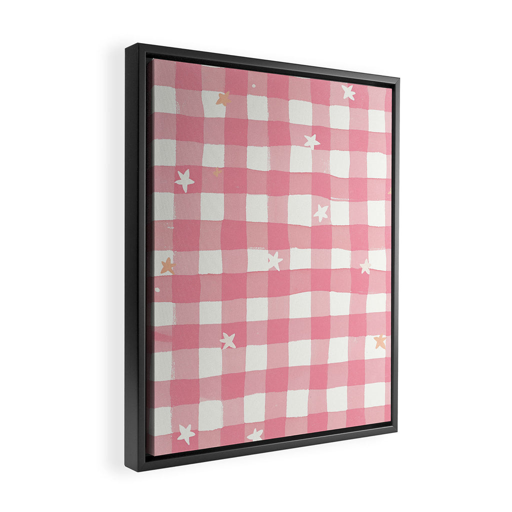 Pastel Pink Gingham with Stars Pattern Soft Aesthetic Grid Framed Canvas Print Gallery Image 2
