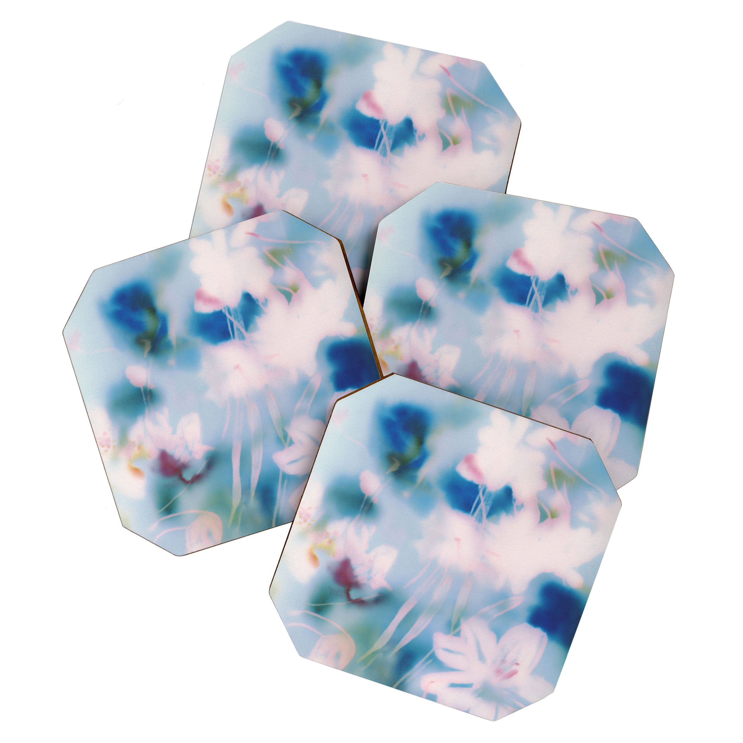 Soft Blurred Floral Abstraction in Pastel Blue and Pink Coaster Gallery Image 1