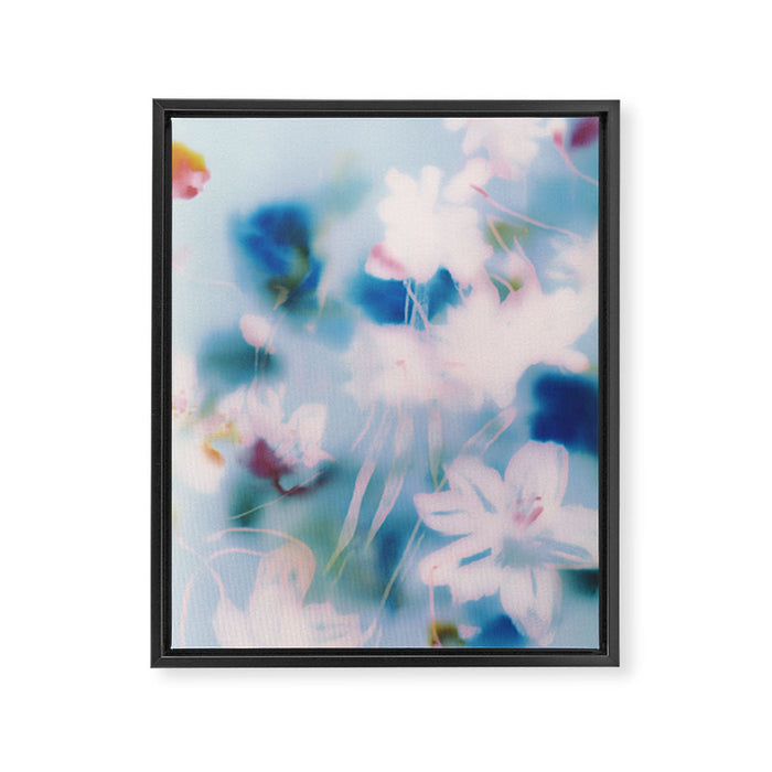 Soft Blurred Floral Abstraction in Pastel Blue and Pink Framed Canvas Print Gallery Image 1