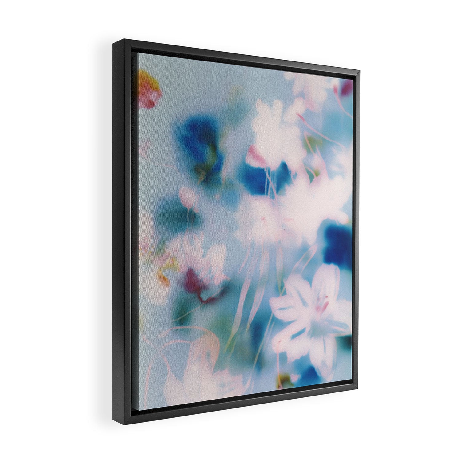 Soft Blurred Floral Abstraction in Pastel Blue and Pink Framed Canvas Print Gallery Image 2