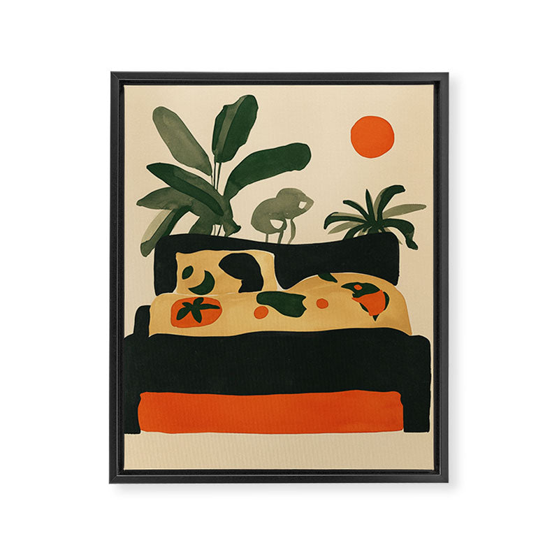 Tropical Bedside Calm Bold Sun and Plant Modern Art in Earthy Tones Framed Canvas Print Gallery Image 6