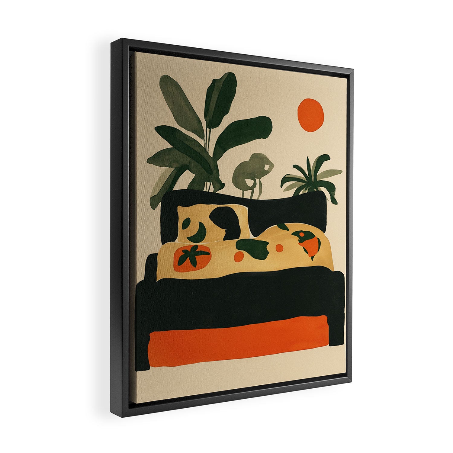 Tropical Bedside Calm Bold Sun and Plant Modern Art in Earthy Tones Framed Canvas Print Gallery Image 2
