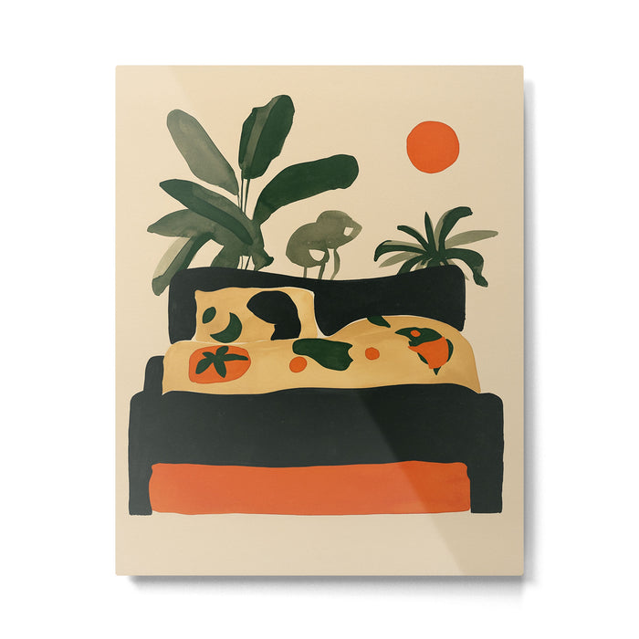 Tropical Bedside Calm Bold Sun and Plant Modern Art in Earthy Tones Metal Print Gallery Image 1