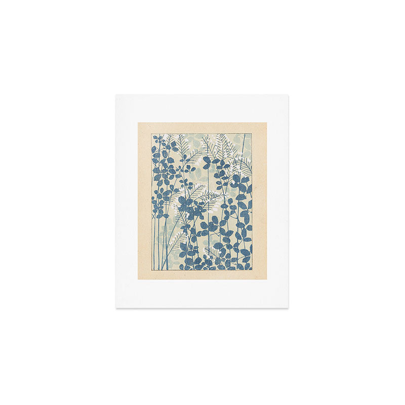 Vintage Japanese Botanical Silhouette in Soft Blue Tones Art Print Gallery Image 1