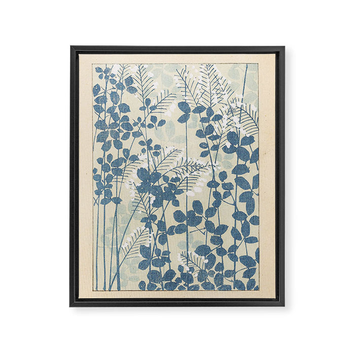 Vintage Japanese Botanical Silhouette in Soft Blue Tones Framed Canvas Print Gallery Image 1