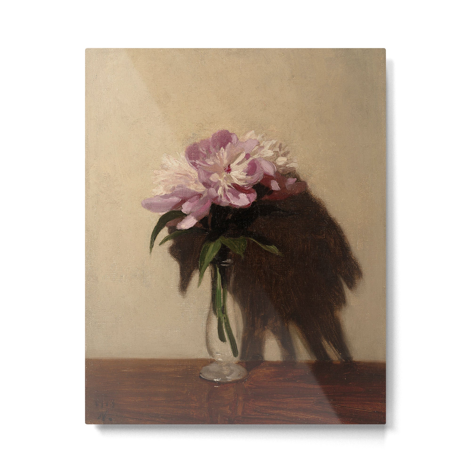Vintage Still Life with Pink Peonies in Glass Vase Moody Floral Metal Print Gallery Image 4