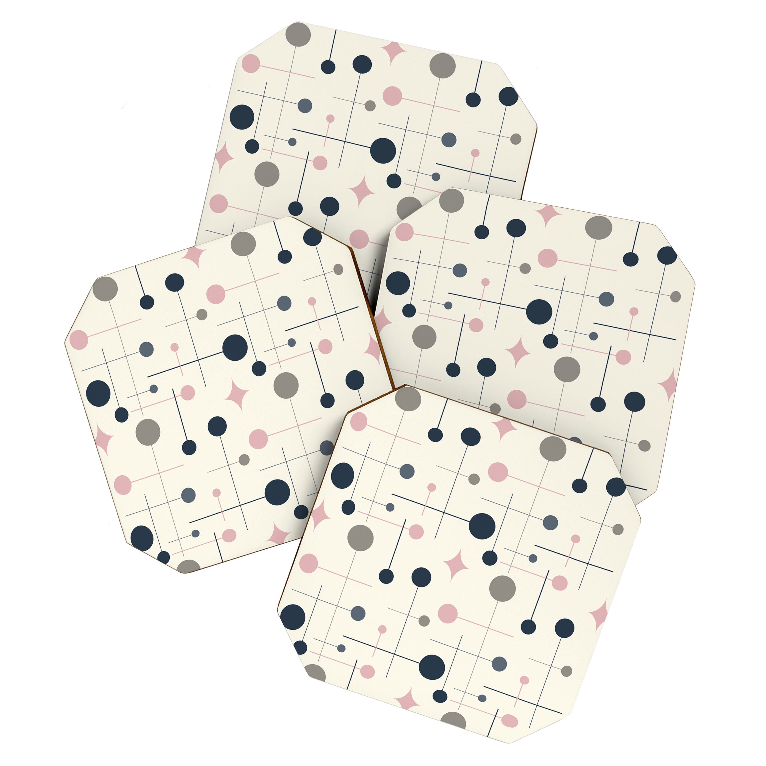 Mid Century Modern Abstract Retro Vintage Style Navy Blue, Blush Pink and Grey Coaster Gallery Image 1