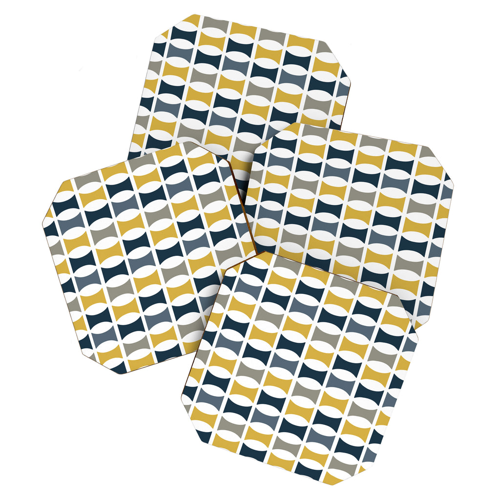 Mid Century Modern Geometric Pattern Navy Blue, Mustard Yellow, Gray Coaster Gallery Image 1