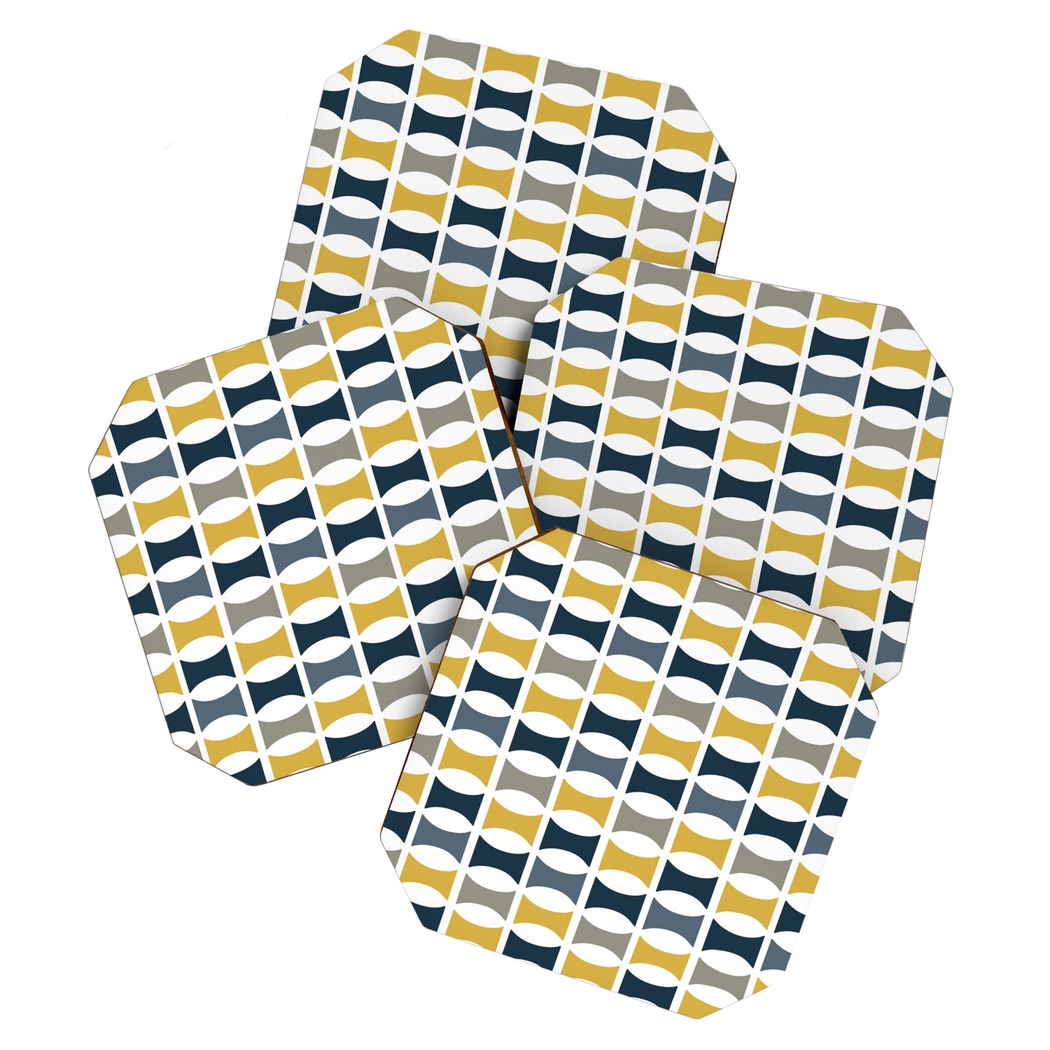 Mid Century Modern Geometric Pattern Navy Blue, Mustard Yellow, Gray Coaster Gallery Image 1