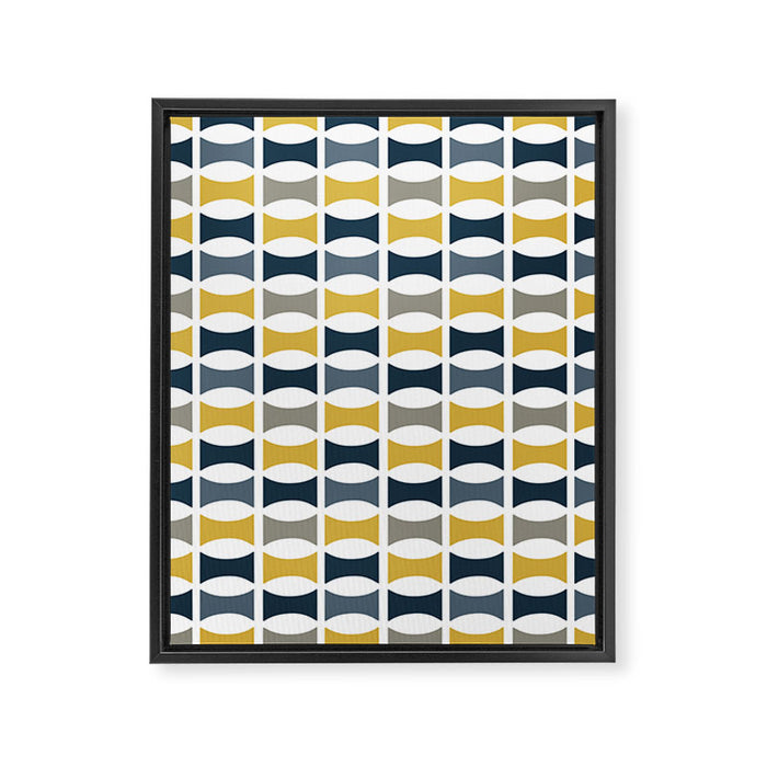 Mid Century Modern Geometric Pattern Navy Blue, Mustard Yellow, Gray Framed Canvas Print Gallery Image 1