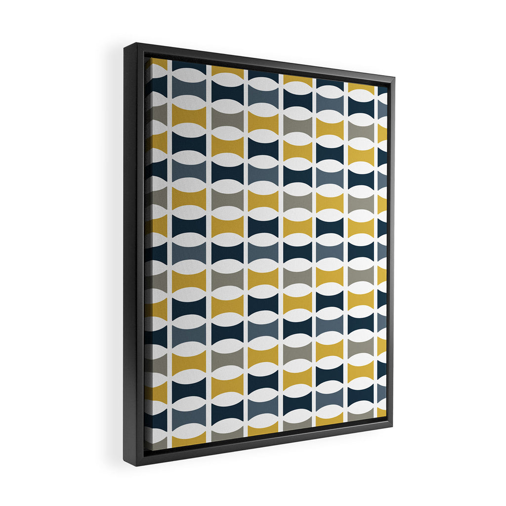 Mid Century Modern Geometric Pattern Navy Blue, Mustard Yellow, Gray Framed Canvas Print Gallery Image 2