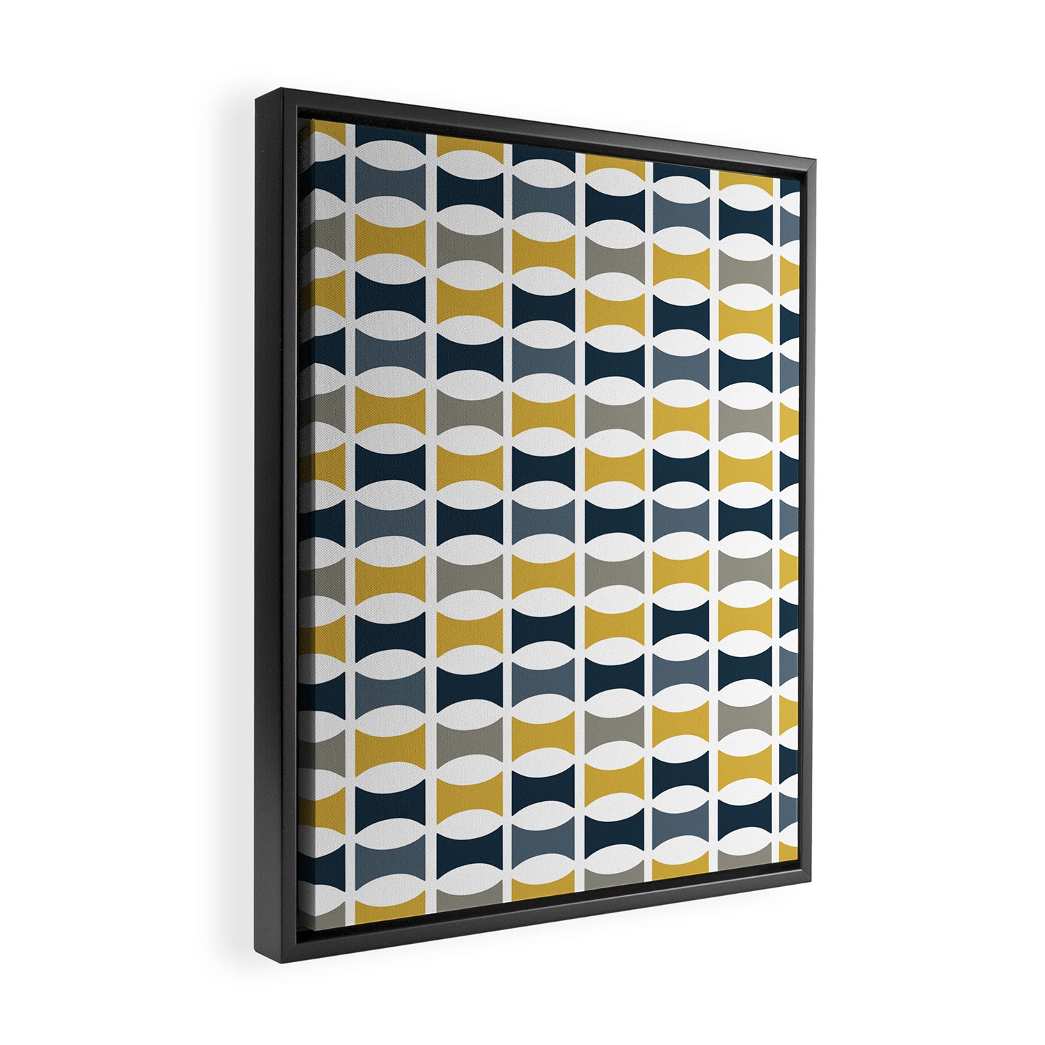 Mid Century Modern Geometric Pattern Navy Blue, Mustard Yellow, Gray Framed Canvas Print Gallery Image 2