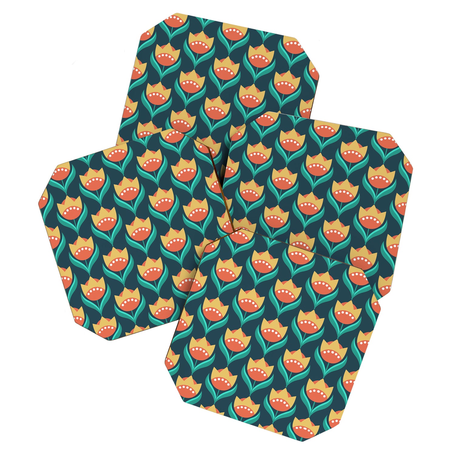 Scandinavian Floral Pattern, Teal, Orange and Mustard Yellow Retro Flowers 3 Coaster Gallery Image 1