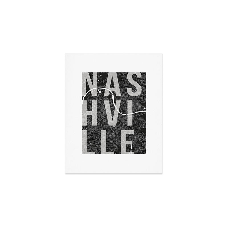 Nashville Mono Street Map Text Overlay Art Print Gallery Image 1