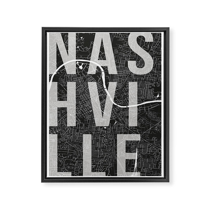 Nashville Mono Street Map Text Overlay Framed Canvas Print Gallery Image 1