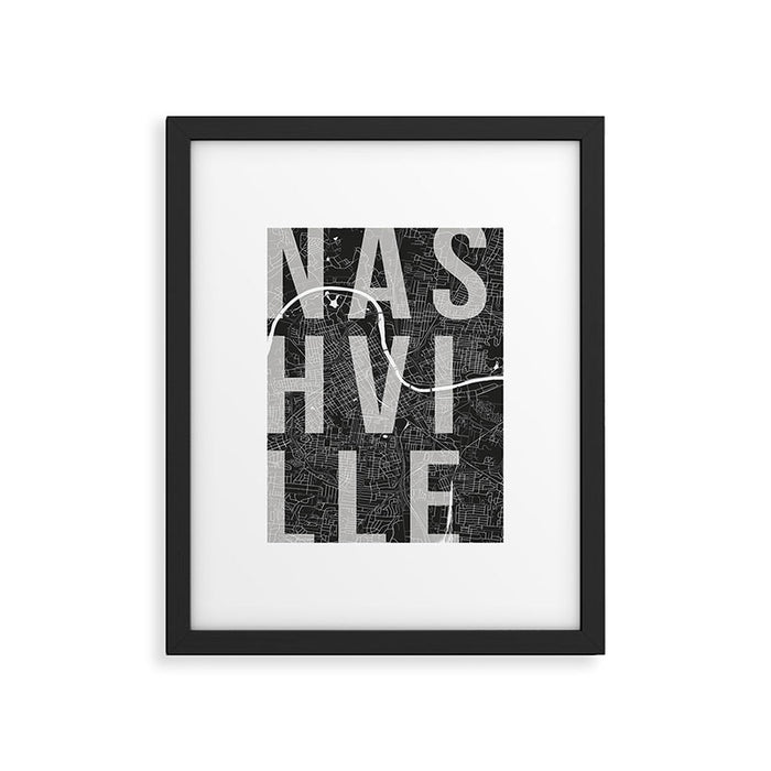 Nashville Mono Street Map Text Overlay Framed Art Print Gallery Image 1