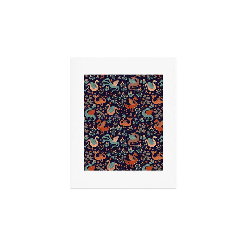 Dragons and Flowers Dark Purple Art Print Gallery Image 1